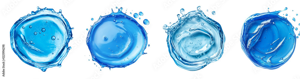 Poster the image showcases four separate, vibrant blue water splashes, each displaying unique textures and 