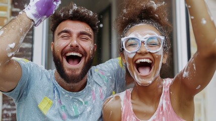 Couple playfully competing to clean windows faster, joyful and energetic scene