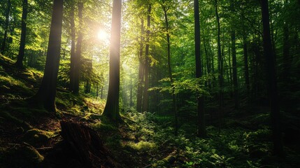 Obraz premium Sunlit forest path, misty morning, lush greenery, nature background, idyllic scene