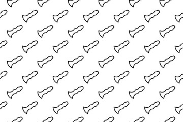 Seamless pattern completely filled with outlines of sex toy symbols. Elements are evenly spaced. Illustration on transparent background