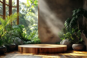 Obraz premium Minimalist Tropical Interior with Wooden Pedestal and Lush Green Plants. Backdrop design, soft brown, wood podium, product display 