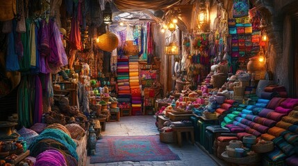 Fototapeta premium Colorful textiles, bustling market, ancient alley, evening light, travel brochure