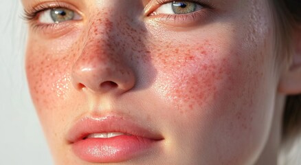 Naklejka premium Close-up of a woman's face with redness and spots on the cheek, showing dry skin.