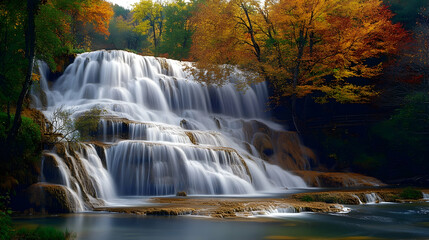 Autumn Waterfall Cascade, Forest Serenity, Nature Background, Travel Poster