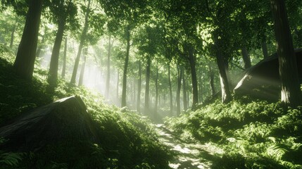 Obraz premium Sunlit Forest Path, Misty Woods, Hiking Trail, Nature Background, Game Asset