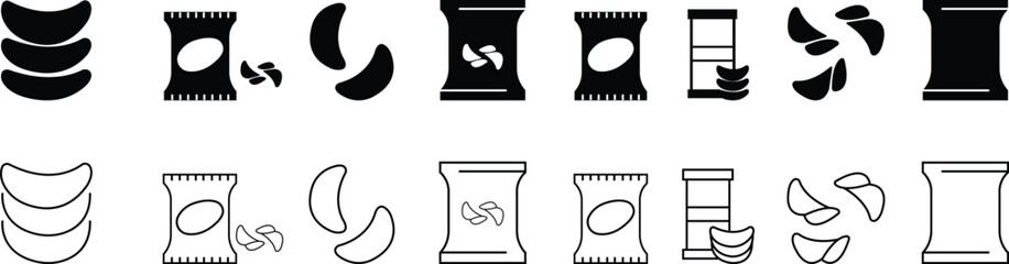 Potato chips icon set. Salty snacks vector symbols graphic design elements, junk food template, isolated on transparent background, Pictograms and infographics, used for fast food element, mobile app