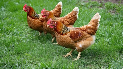Three hens foraging in green pasture, sunny day, farm background, agriculture