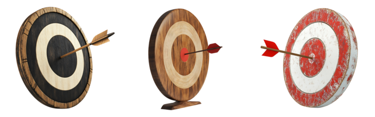 Set of 3D-rendered targets with an arrow striking the middle isolated on a white or transparent background.