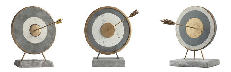Set of 3D-rendered targets with an arrow striking the middle isolated on a white or transparent background.
