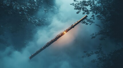 Oboe floating in a misty forest at night creating a magical atmosphere