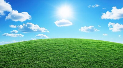 Fototapeta premium Sunny green hill, idyllic landscape, summer sky, pastoral scene, nature background, website banner
