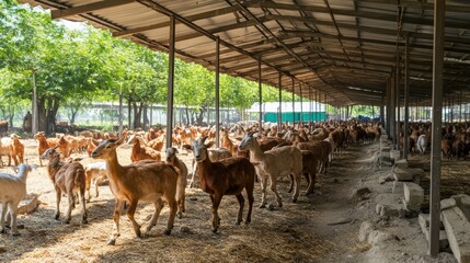 Goats milling shed, farm, sunny day, agriculture