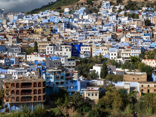 Fototapeta premium Chefchaouen, the blue city in Morocco - - panoramic overview of the city