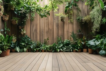 Fototapeta premium Minimalist Tropical Interior with Wooden Pedestal and Lush Green Plants. Backdrop design, soft brown, wood podium, product display 