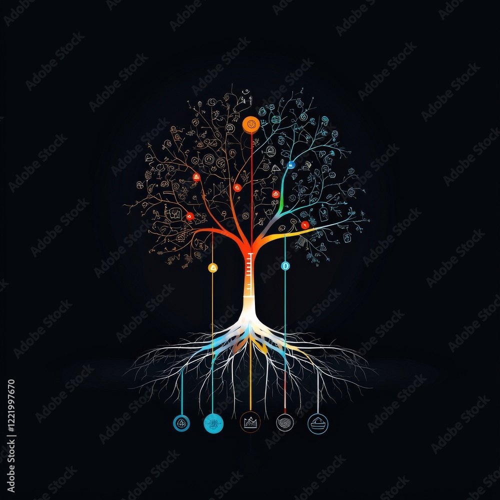 Aufkleber glowing tree with roots and branches labeled with diverse languages