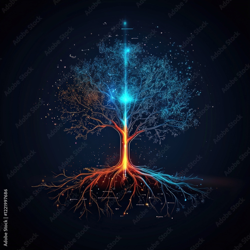 Poster glowing tree with roots and branches labeled with diverse languages