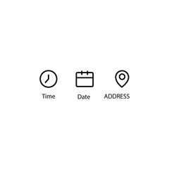 Date, Time, Address or Place Location, hour line icons set, editable stroke isolated on white, linear vector outline illustration, symbol logo design style