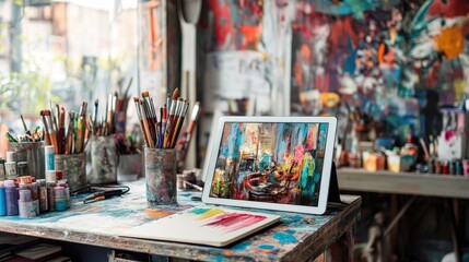 Creative Workspace with Tablet and Sketchbook