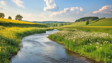 Serene stream flows through vibrant valley, wildflowers bloom, sunny day, pastoral landscape, idyllic scene