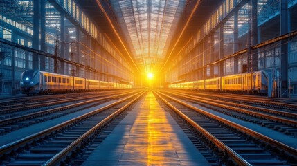Fototapeta premium Sunset Train Depot High-speed trains in a vast industrial maintenance facility