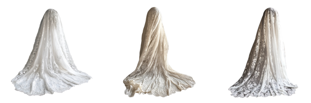 Set of delicate lace wedding veil showcasing intricate patterns and craftsmanship isolated on a white or transparent background.
