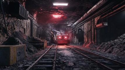 Underground mine train transport, ore, dark tunnel, industrial, mining