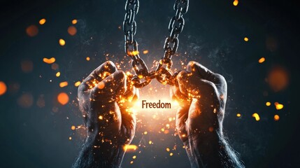Hands breaking chains under a glowing banner of "Freedom"