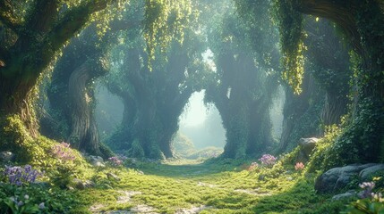 Sunlit Forest Path, Magical Woodland, Game Background