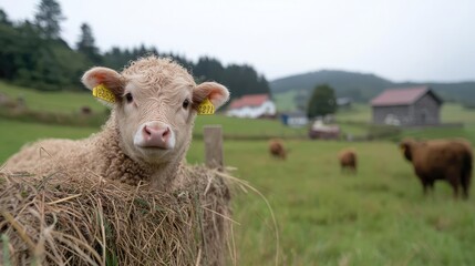 Obraz premium Calf resting in hay, rural farm, hills background, agriculture