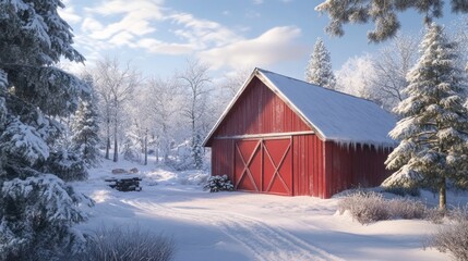 Snowy red barn winter wonderland forest postcard