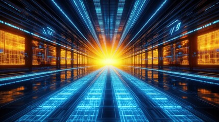 Fototapeta premium Futuristic server room corridor, data streams, glowing, digital technology, background light, website banner