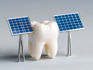 3D Human Tooth Anatomy concept. A tooth model flanked by solar panels symbolizes dental care and renewable energy innovation.