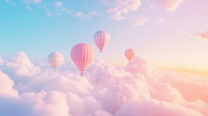 Obraz premium Pastel hot air balloons soar above dreamy cloudscape at sunset, perfect for travel brochures