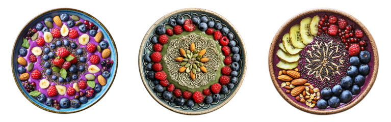 Set of serene plant-based smoothie bowl with seeds, nuts, and berries arranged in a mandala pattern isolated on a white or transparent background.