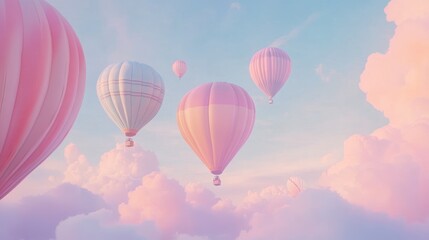 Pink hot air balloons float above pastel clouds at sunrise, travel poster