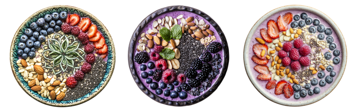 Set of serene plant-based smoothie bowl with seeds, nuts, and berries arranged in a mandala pattern isolated on a white or transparent background.