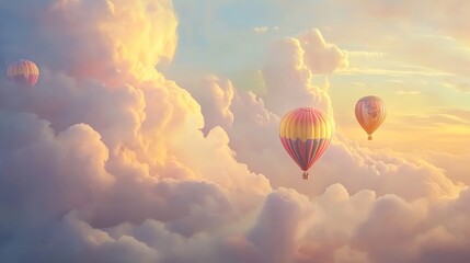 Fototapeta premium Hot air balloons soar above fluffy sunset clouds, travel adventure