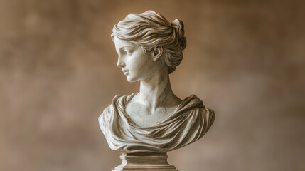 A delicate marble bust of a young woman with flowing hair partially covered by a draped shawl