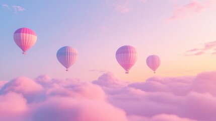 Fototapeta premium Pastel hot air balloons soar above dreamy sunrise cloudscape