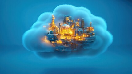Futuristic city nestled in a cloud, glowing at night, digital illustration, for tech concepts