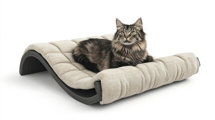 Relaxed cat on modern pet bed, studio shot, white background, pet product
