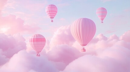 Pink hot air balloons soar above dreamy clouds at sunset; travel poster