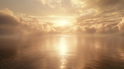 Fototapeta premium Golden sunset over calm ocean, clouds reflecting, serene seascape, travel brochure