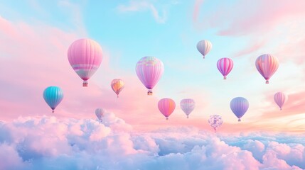 Pastel hot air balloons soar above dreamy cloudscape at sunset, ideal for travel/fantasy themes