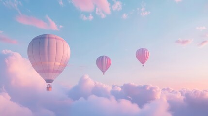 Three hot air balloons soar above pastel sunset clouds