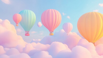Naklejka premium Pastel hot air balloons soar above fluffy clouds at sunrise, ideal for children's book illustrations