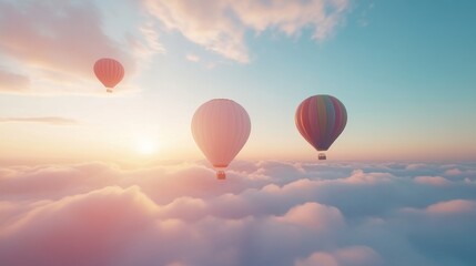 Obraz premium Hot air balloons soar above sunset cloudscape, travel poster