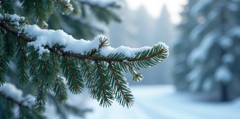 Pine branches bent under weight of frost and snow, ice, tree