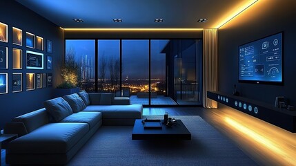 A smart home interior with an AI system displaying various interactive features, including touch screen control panels and an ambient lighting system on the walls of the living room.