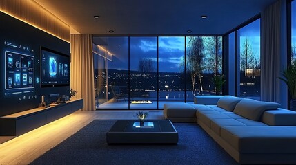 A smart home interior with an AI system displaying various interactive features, including touch screen control panels and an ambient lighting system on the walls of the living room.